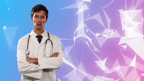 Männlicher-Arzt-über-Plexusnetzwerk-Vor-Violettem-Hintergrund