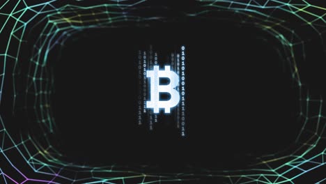Bitcoin-Symbol-über-Grünem-Netz-Auf-Schwarzem-Hintergrund.