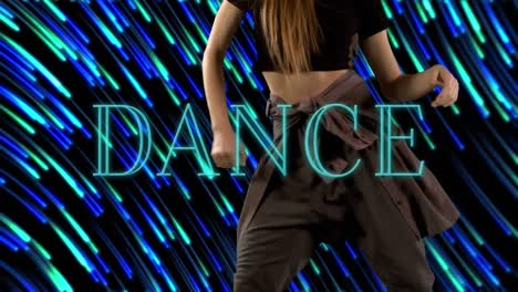 Tanztext-über-Einer-Frau,-Die-Vor-Lichtspuren-Auf-Schwarzem-Hintergrund-Tanzt