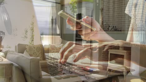 Woman-using-laptop-against-modern-interior-of-living-room