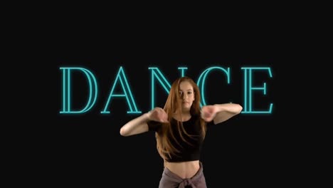 Frau-Tanzt-über-Tanz-Neontext-Vor-Schwarzem-Hintergrund