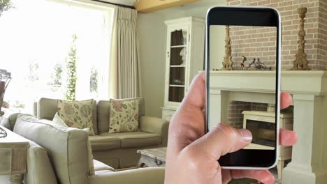 Person-Hält-Smartphone-Mit-Moderner-Wohnzimmereinrichtung-Auf-Dem-Bildschirm