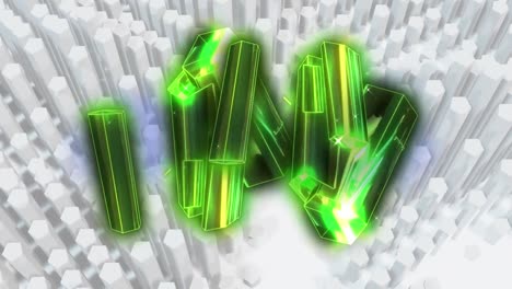 Moving-metallic-green-blocks-over-moving-3d-white-geometrical-shapes