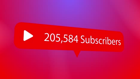 Play-button-icon,-subscribers-text-and-increasing-numbers-on-speech-bubble-against-red-background