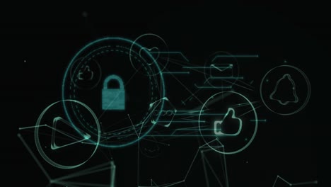 Netzwerk-Aus-Digitalen-Symbolen-Und-Sicherheitsvorhängeschloss-Vor-Schwarzem-Hintergrund