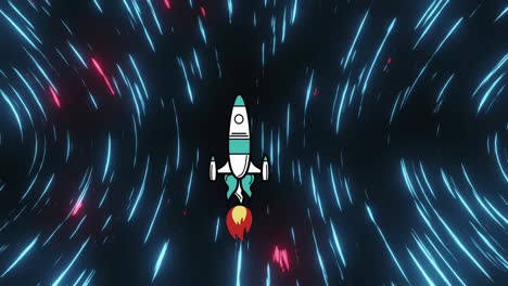 Rocket-flying-against-light-trails-moving-on-black-background