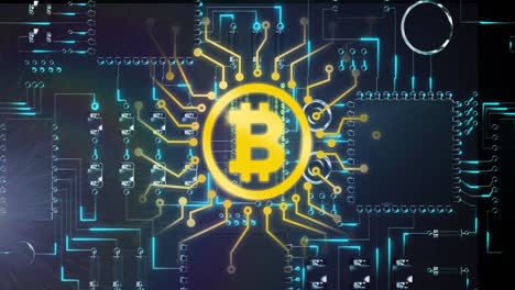 Bitcoin-Symbol-über-Schaltkreisverbindungen-Vor-Blauem-Hintergrund