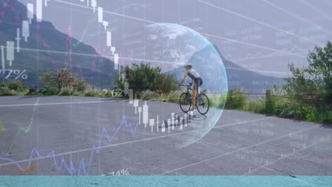 Financial-data-processing-over-globe-against-woman-cycling-on-the-road