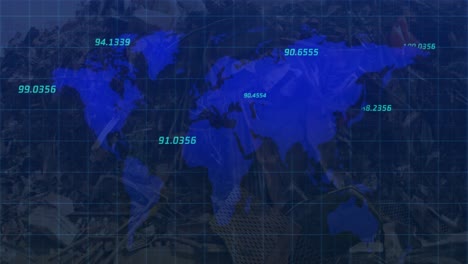 Numbers-moving-over-world-map-against-urban-industrial-site