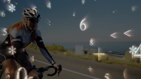 Símbolos-Matemáticos-Y-Números-Moviéndose-Contra-Una-Mujer-En-Bicicleta-En-La-Carretera