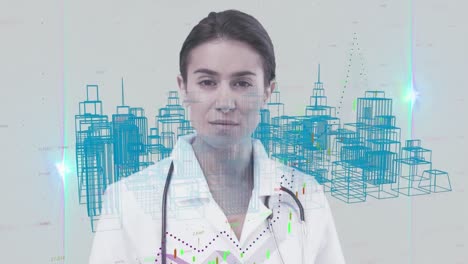 Female-doctor-against-3D-city-model-on-white-background