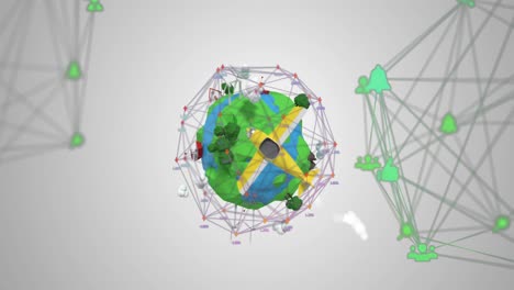 Network-of-connection-icons-against-globe-with-growing-trees-and-plane-flying