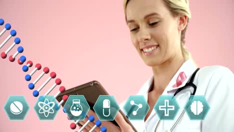 Estructura-De-Adn-E-íconos-Médicos-Contra-Una-Doctora-Usando-Una-Tableta-Digital