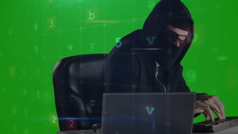 Cyber-security-data-processing-over-male-hacker-using-computer-against-green-screen