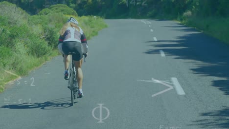 Mathematical-equations-and-symbols-against-woman-cycling-on-the-road