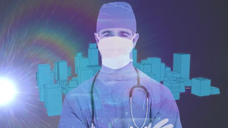Männlicher-Chirurg-Mit-Gesichtsmaske-Vor-3D-Stadtmodell,-Das-Sich-Auf-Blauem-Hintergrund-Dreht
