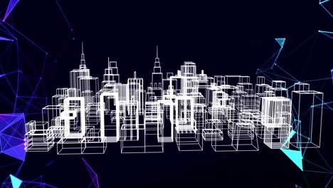 Netzwerk-Von-Verbindungen-Vor-Einem-3D-Stadtmodell,-Das-Sich-Auf-Blauem-Hintergrund-Dreht