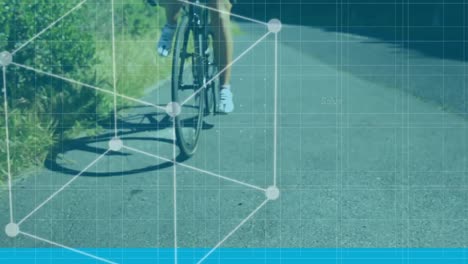 Mathematical-equations-and-cube-moving-against-woman-cycling-on-the-road