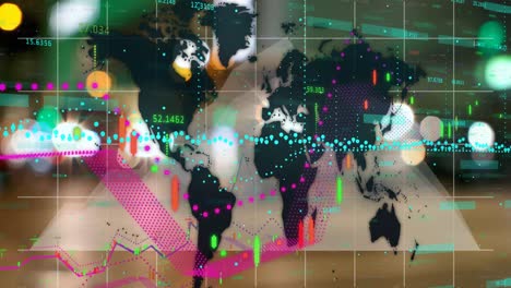 Finanzdatenverarbeitung-über-Weltkarte-Gegen-Gehende-Menschen