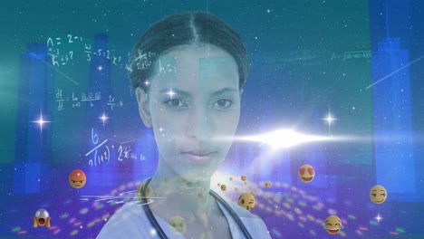 Female-doctor-over-multiple-face-emojis-moving-against-3D-city-model