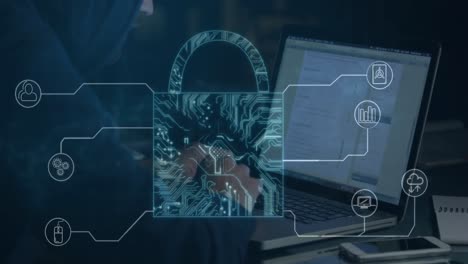 Sicherheitsvorhängeschloss-Mit-Netzwerk-Von-Symbolen-Gegen-Hacker,-Die-Einen-Laptop-Verwenden