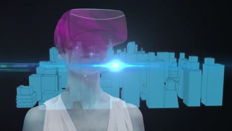 Raum-über-Einer-Frau,-Die-Ein-VR-Headset-Gegen-Ein-Sich-Drehendes-3D-Stadtmodell-Verwendet