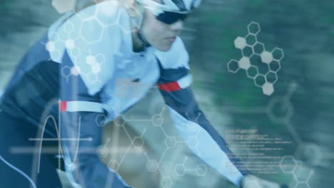 Chemical-structures-and-data-processing-against-woman-cycling-on-the-road