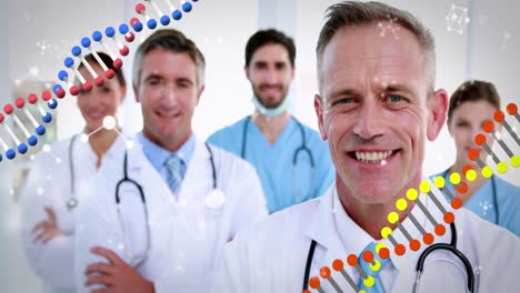 DNA-and-molecular-structures-moving-against-team-of-doctors