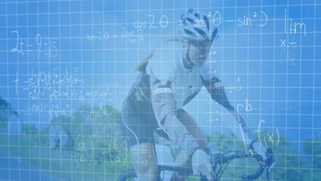 Mathematical-equations-over-grid-lines-against-woman-cycling-on-the-road