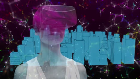 Frau-Nutzt-VR-Headset-über-3D-Stadtmodell-Gegen-Netzwerk-Von-Verbindungen