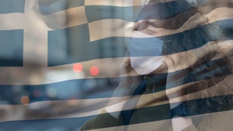 Griechische-Flagge-Winkt-Gegen-Frau-Mit-Gesichtsmaske
