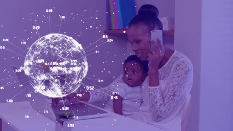Globe-of-network-of-connections-against-mother-with-child-talking-on-smartphone-at-home