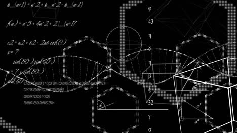 Animation-Des-Spinnens-Eines-DNA-Strangs-Mit-Berechnungen-Auf-Schwarzem-Hintergrund.-Globale-Medizinische-Forschungswissenschaft