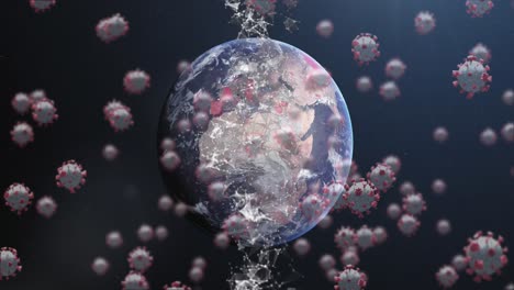 Animation-Des-DNA-Strangs,-Der-Sich-Mit-Covid-19-Zellen-Dreht,-Globus-Mit-Rot-Werdenden-Kontinenten-Im-Hintergrund
