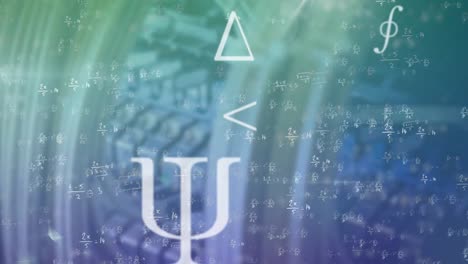 Mathematical-equations-and-symbols-moving-against-close-up-of-server