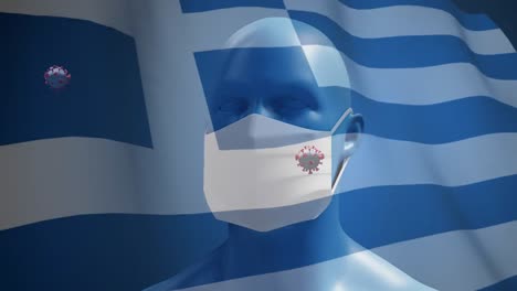 Bandera-Griega-Ondeando-Contra-Un-Modelo-De-Cabeza-Humana-Con-Máscara-Facial