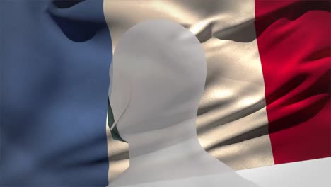 Französische-Flagge-Winkt-Gegen-Ein-Menschliches-Kopfmodell,-Das-Eine-Sich-Drehende-Gesichtsmaske-Trägt