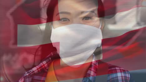 Swiss-flag-waving-against-woman-wearing-face-mask