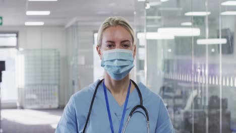 Portrait-of-female-doctor-wearing-face-mask-in-hospital