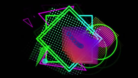 Multiple-neon-shapes-moving-against-black-background