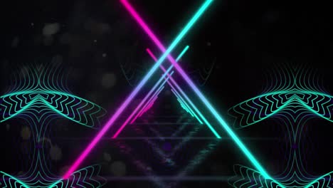 Crossed-neon-beams-against-kaleidoscopic-shapes-moving-on-black-background