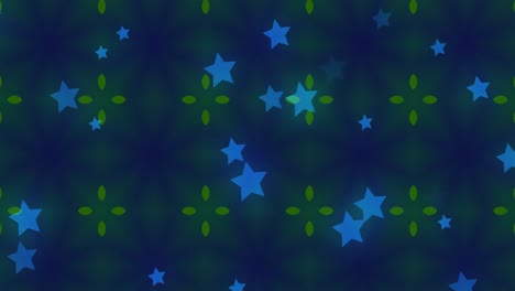 Kaleidoskopische-Formen-Und-Sterne,-Die-Sich-Auf-Blauem-Hintergrund-Bewegen