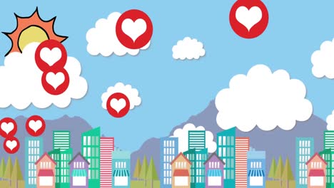 Multiple-heart-icons-floating-against-cityscape