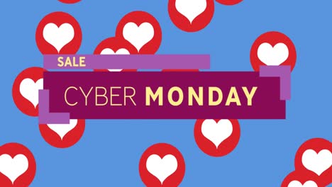 Cyber-Monday-Sale-text-on-purple-banner-against-red-hearts-icons-on-blue-background