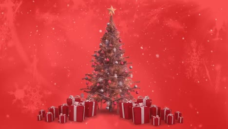 Snowflakes-falling-over-Christmas-tree-and-presents-against-red-background