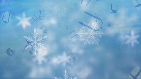 Schneeflocken-Und-Weihnachtsgeschenke-Bewegen-Sich-Vor-Blauem-Hintergrund