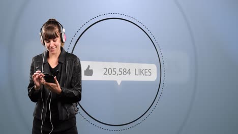 Speech-bubble-with-thumbs-up-icon-and-increasing-numbers-against-woman-wearing-headphones-using-smar