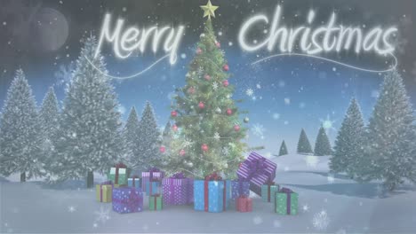 Snowflakes-falling-over-Merry-Christmas-text-against-Christmas-tree-in-winter-lanscape