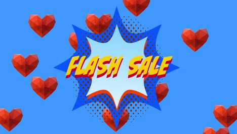 Flash-Sale-text-on-retro-speech-bubble-against-red-hearts-on-blue-background
