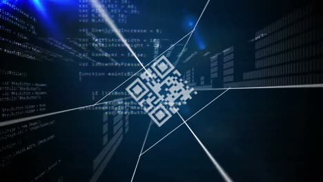 QR-code-scanner-and-network-of-connections-against-data-processing-on-blue-background